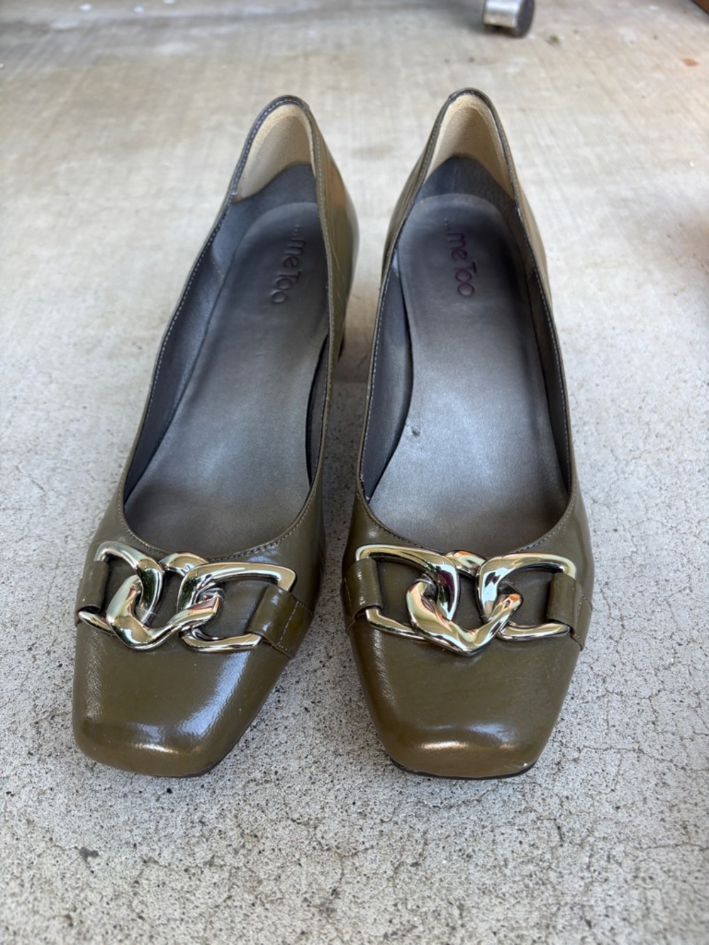 Me Too Olive Green Leather Chain-Trim Flats 11